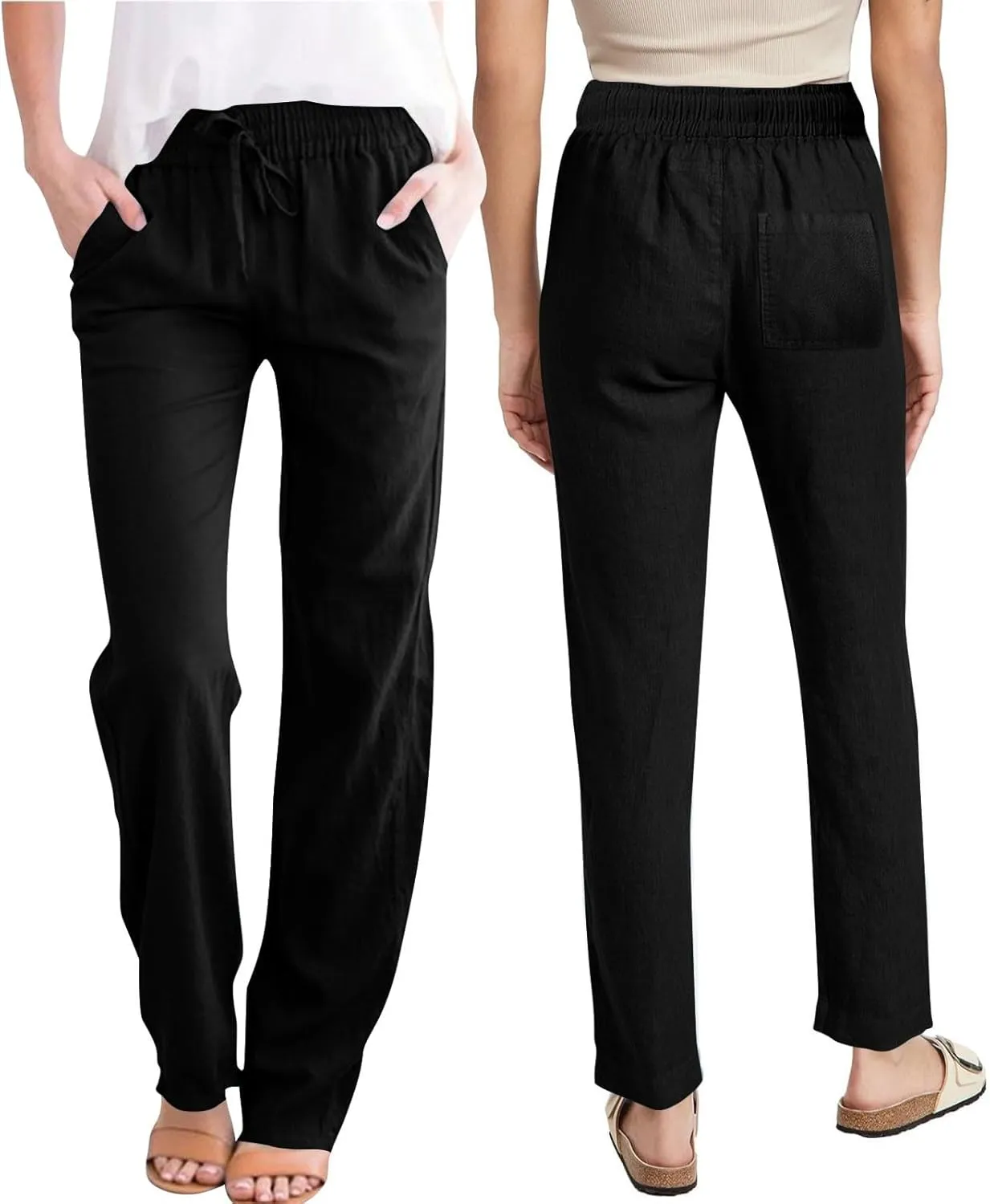 Linen Pants for Women Summer 2025 Drawstring Elastic Waist Pants High Waisted Wide Leg Pants Trousers with Pockets