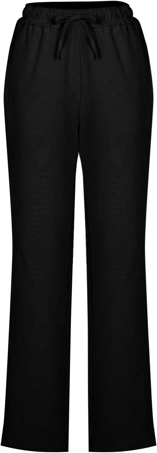 Linen Pants for Women Summer 2025 Drawstring Elastic Waist Pants High Waisted Wide Leg Pants Trousers with Pockets