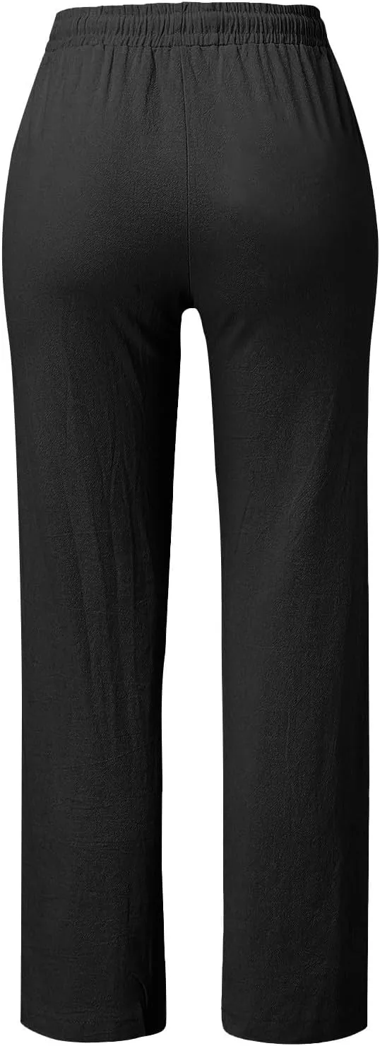Linen Pants for Women Summer Casual High Waisted Straight Leg Beach Pants Loose Fit Comfy Vacation Trousers w/Pockets