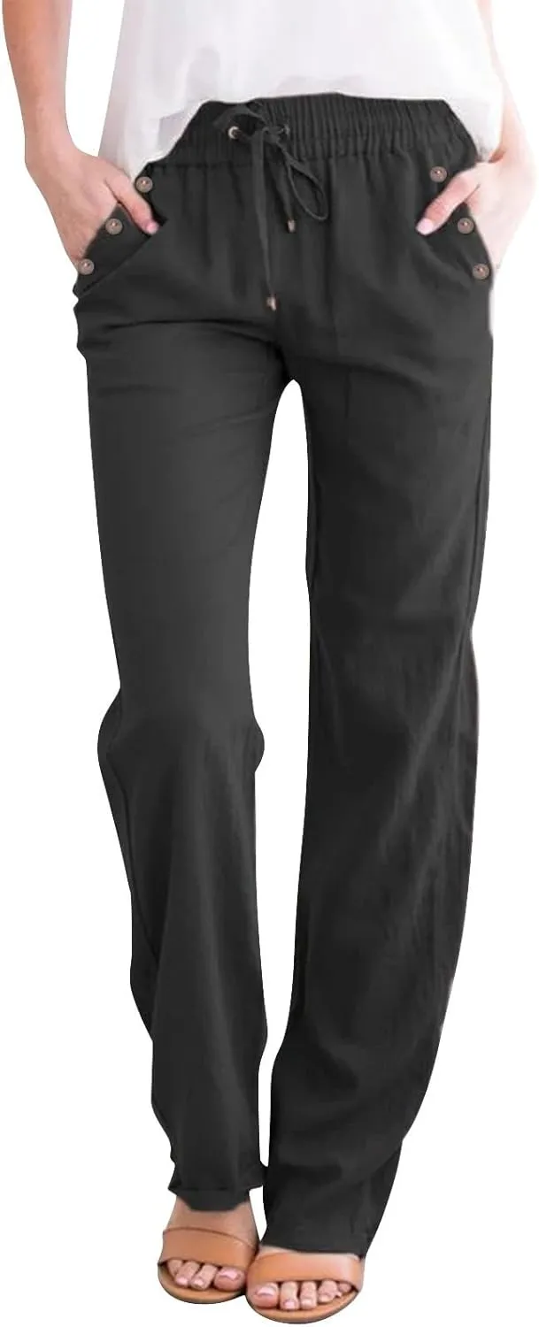 Linen Pants for Women Summer Casual High Waisted Straight Leg Beach Pants Loose Fit Comfy Vacation Trousers w/Pockets