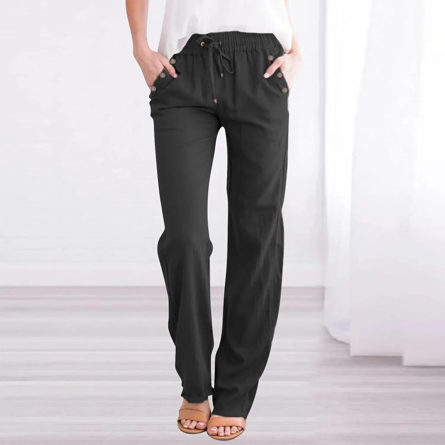 Linen Pants for Women Summer Casual High Waisted Straight Leg Beach Pants Loose Fit Comfy Vacation Trousers w/Pockets