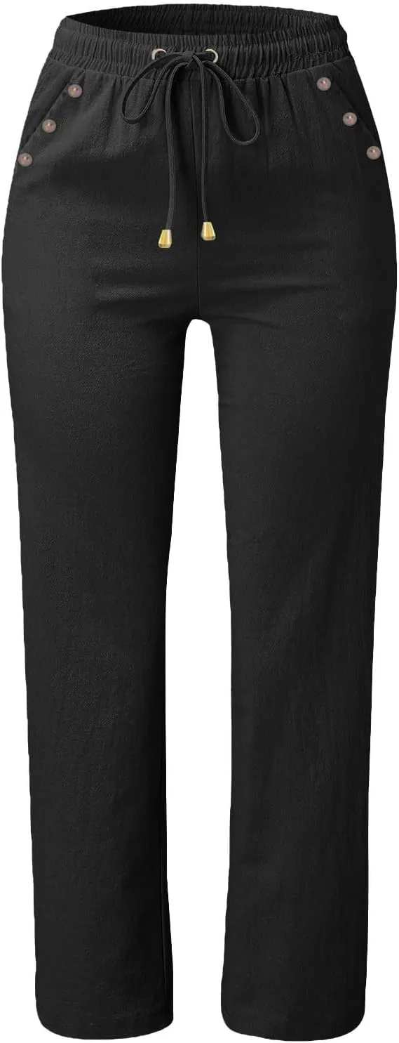 Linen Pants for Women Summer Casual High Waisted Straight Leg Beach Pants Loose Fit Comfy Vacation Trousers w/Pockets