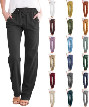 Linen Pants for Women Summer Casual High Waisted Straight Leg Beach Pants Loose Fit Comfy Vacation Trousers w/Pockets