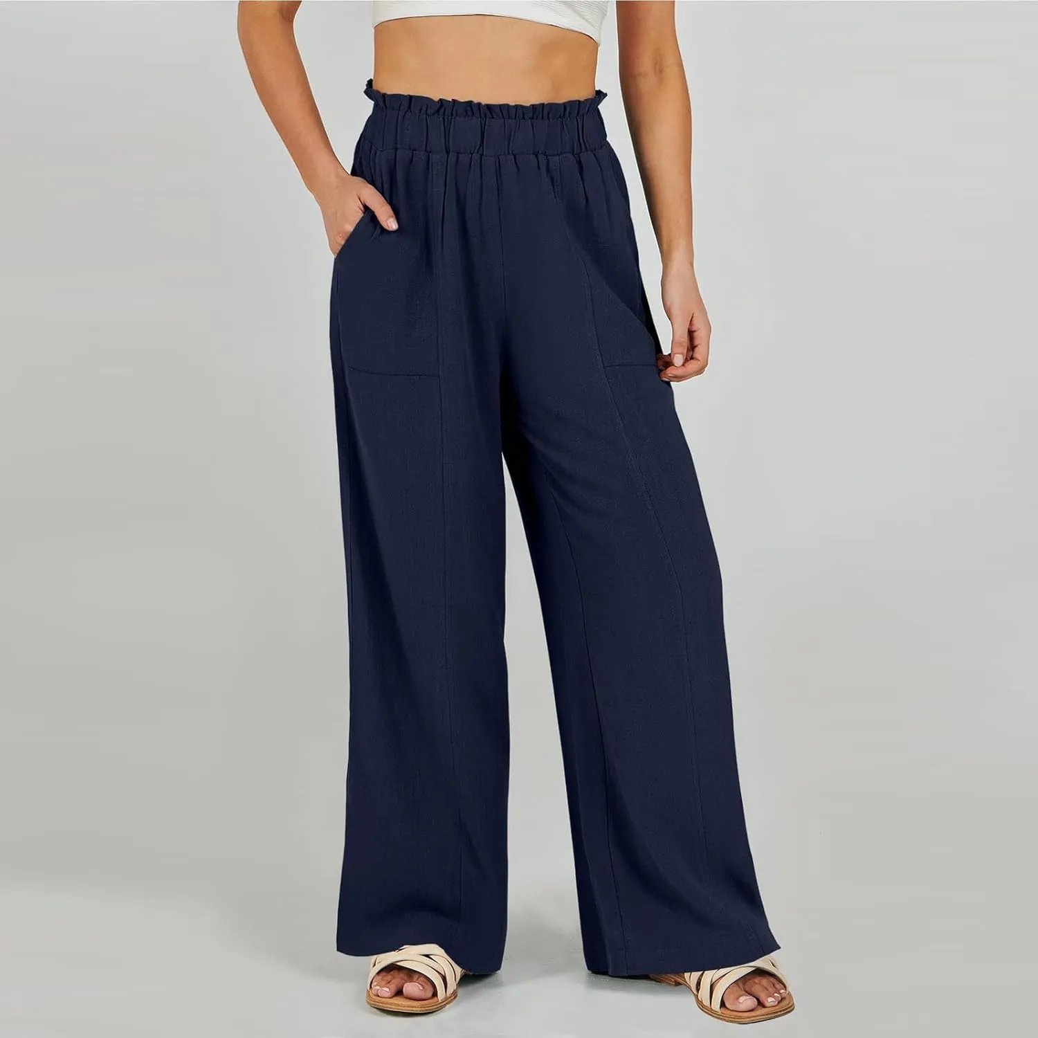 Linen Pants for Women Trendy Casual Trousers with Pockets Ruffle High Waist Wide Leg Beach Palazzo Pants Slacks