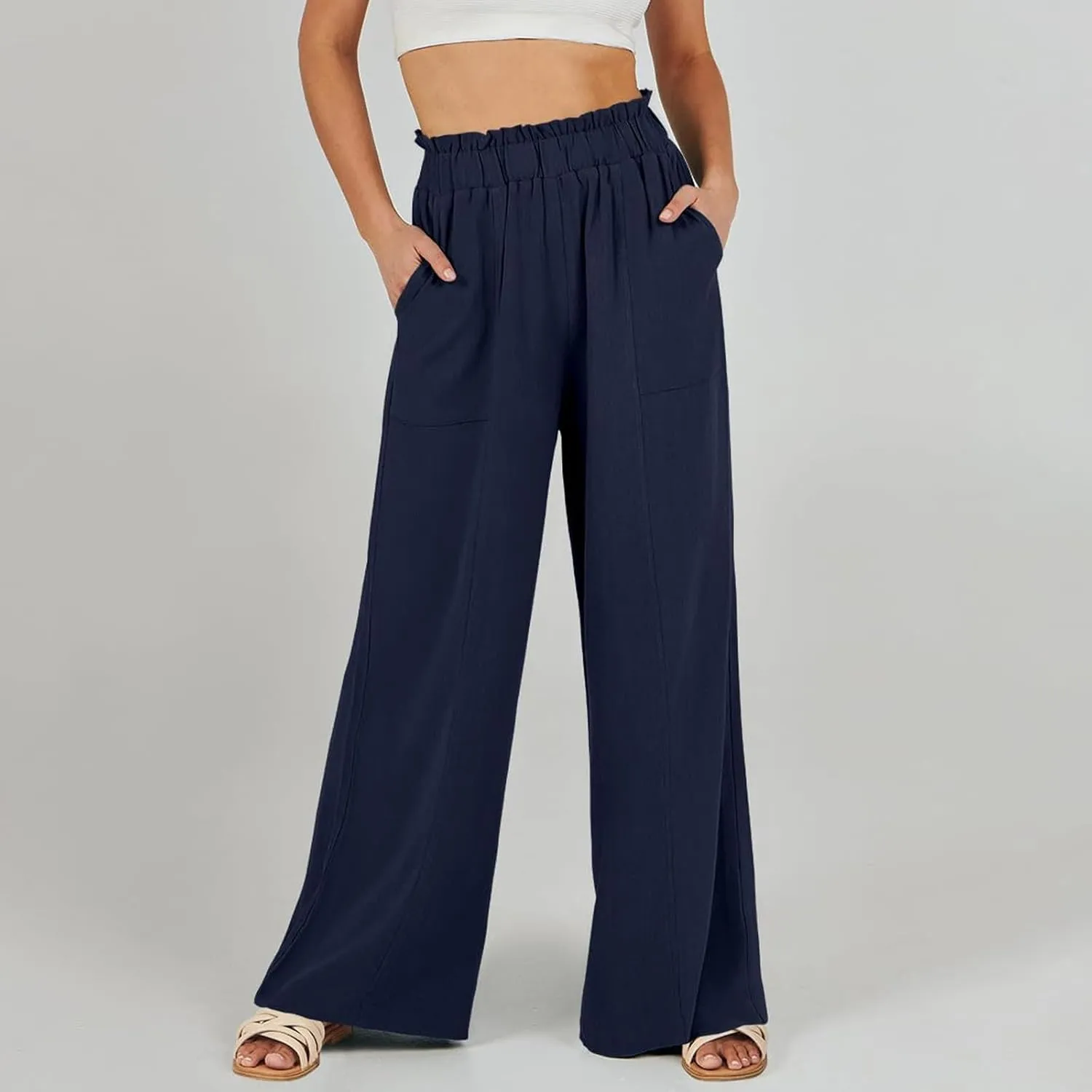 Linen Pants for Women Trendy Casual Trousers with Pockets Ruffle High Waist Wide Leg Beach Palazzo Pants Slacks