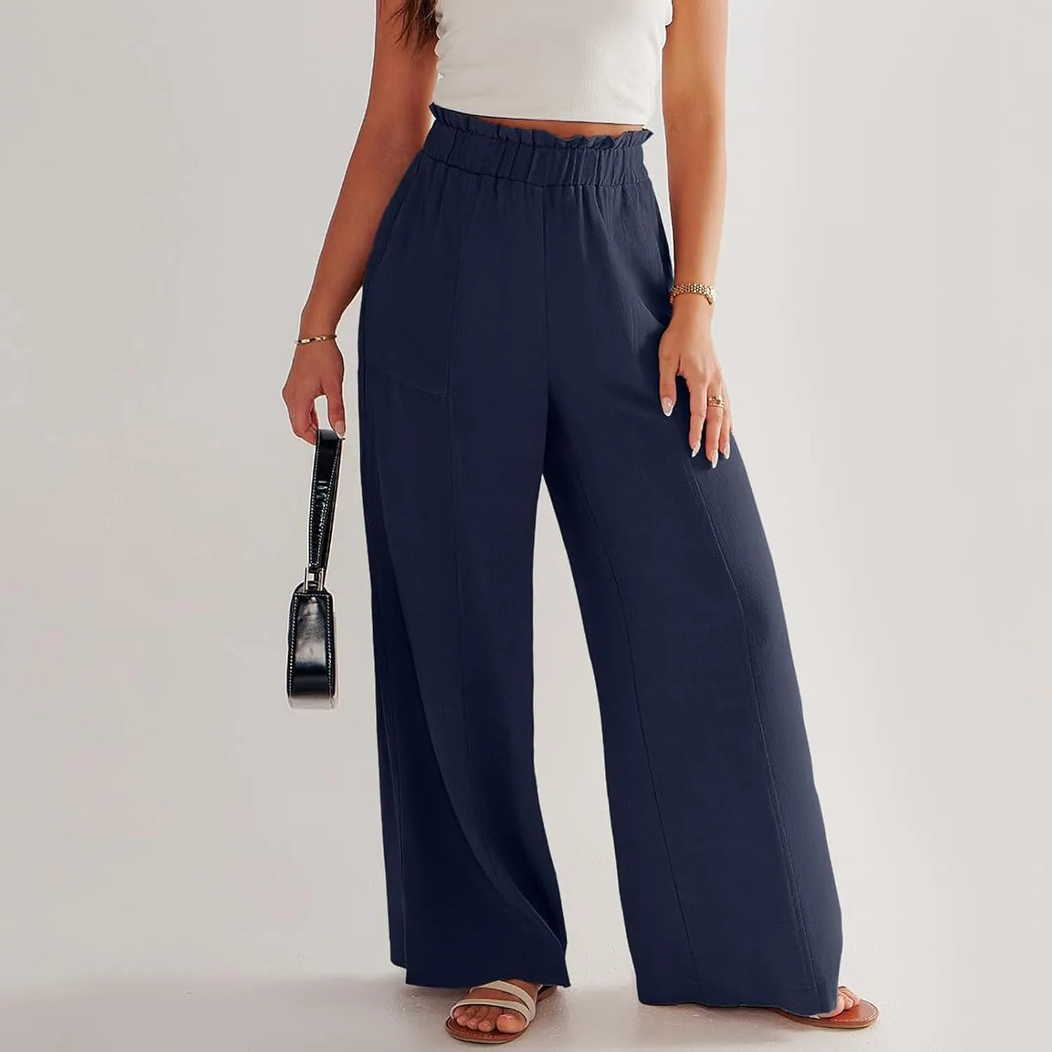 Linen Pants for Women Trendy Casual Trousers with Pockets Ruffle High Waist Wide Leg Beach Palazzo Pants Slacks