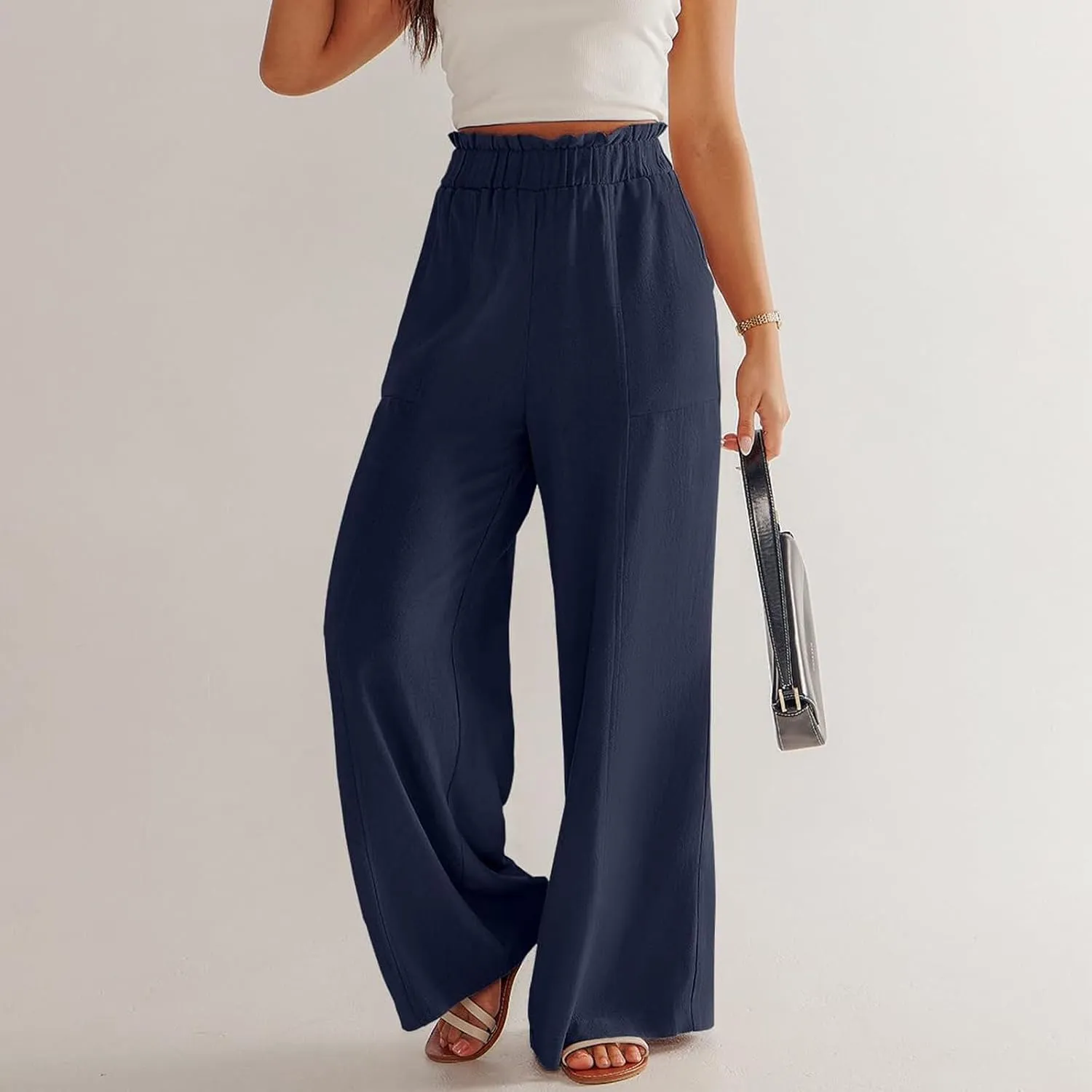 Linen Pants for Women Trendy Casual Trousers with Pockets Ruffle High Waist Wide Leg Beach Palazzo Pants Slacks