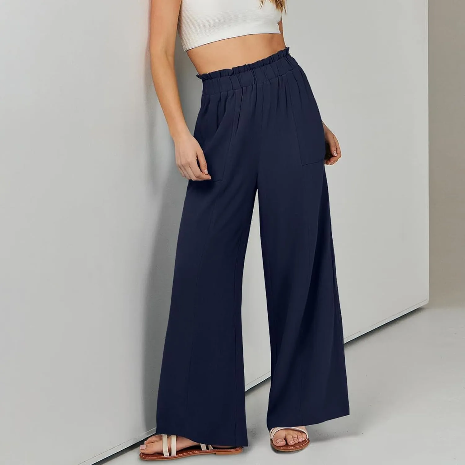Linen Pants for Women Trendy Casual Trousers with Pockets Ruffle High Waist Wide Leg Beach Palazzo Pants Slacks