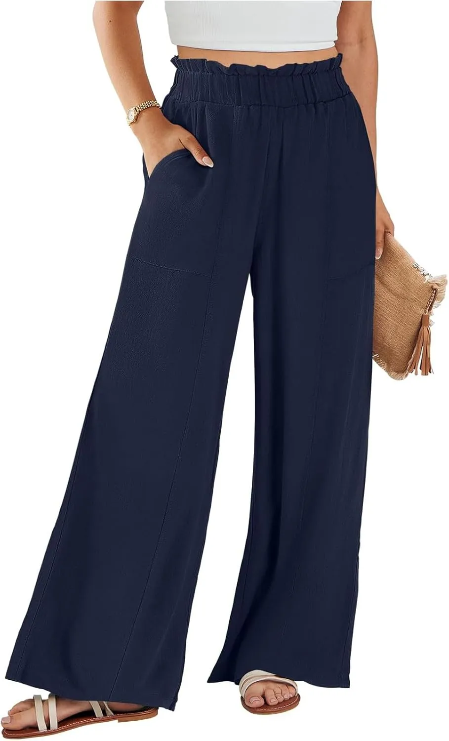 Linen Pants for Women Trendy Casual Trousers with Pockets Ruffle High Waist Wide Leg Beach Palazzo Pants Slacks