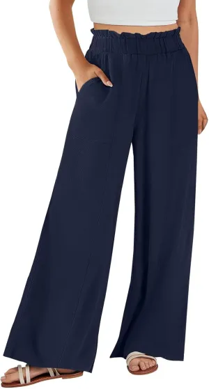 Linen Pants for Women Trendy Casual Trousers with Pockets Ruffle High Waist Wide Leg Beach Palazzo Pants Slacks