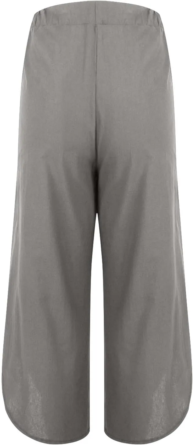 Linen Pants for Women Wide Leg Pants Summer Palazzo Flowy Beach Pants Elastic Waist Drawstring Trousers with Pockets