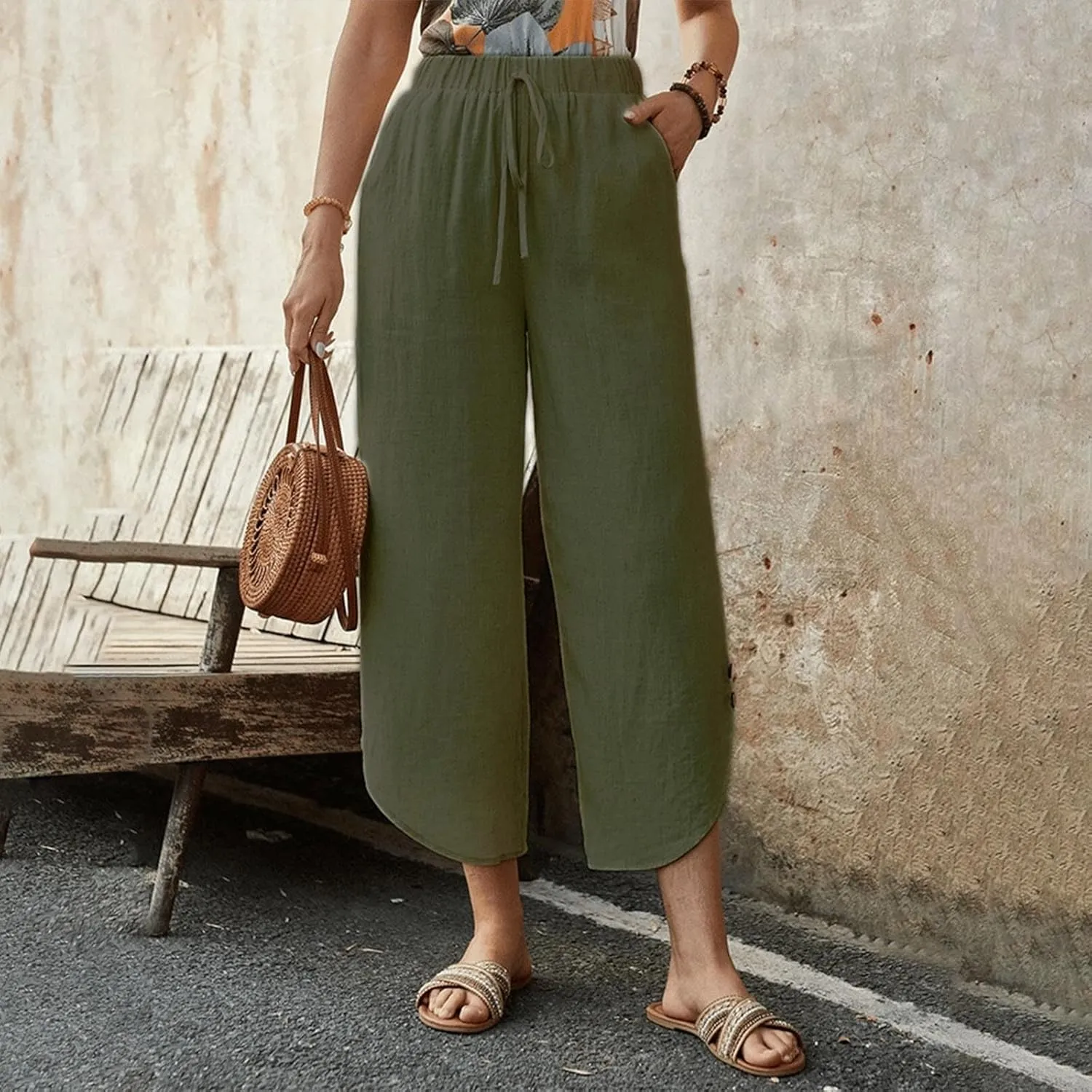 Linen Pants for Women Wide Leg Pants Summer Palazzo Flowy Beach Pants Elastic Waist Drawstring Trousers with Pockets