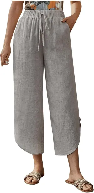 Linen Pants for Women Wide Leg Pants Summer Palazzo Flowy Beach Pants Elastic Waist Drawstring Trousers with Pockets