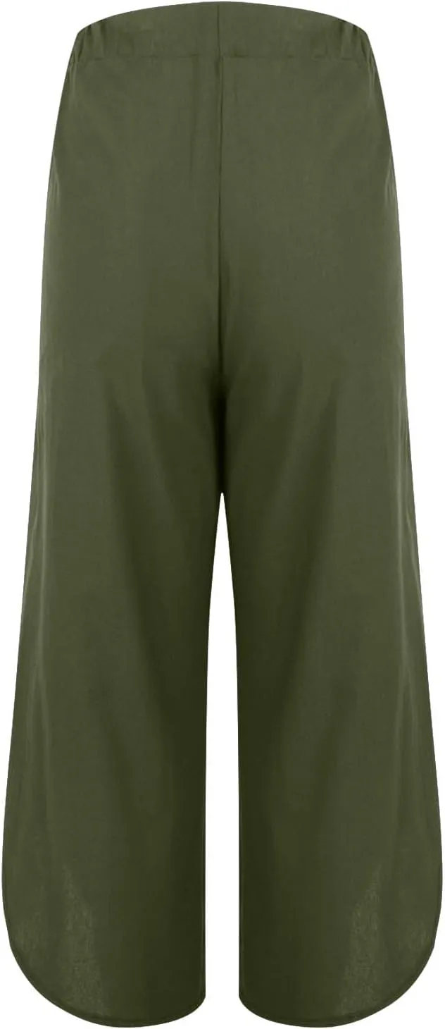 Linen Pants for Women Wide Leg Pants Summer Palazzo Flowy Beach Pants Elastic Waist Drawstring Trousers with Pockets