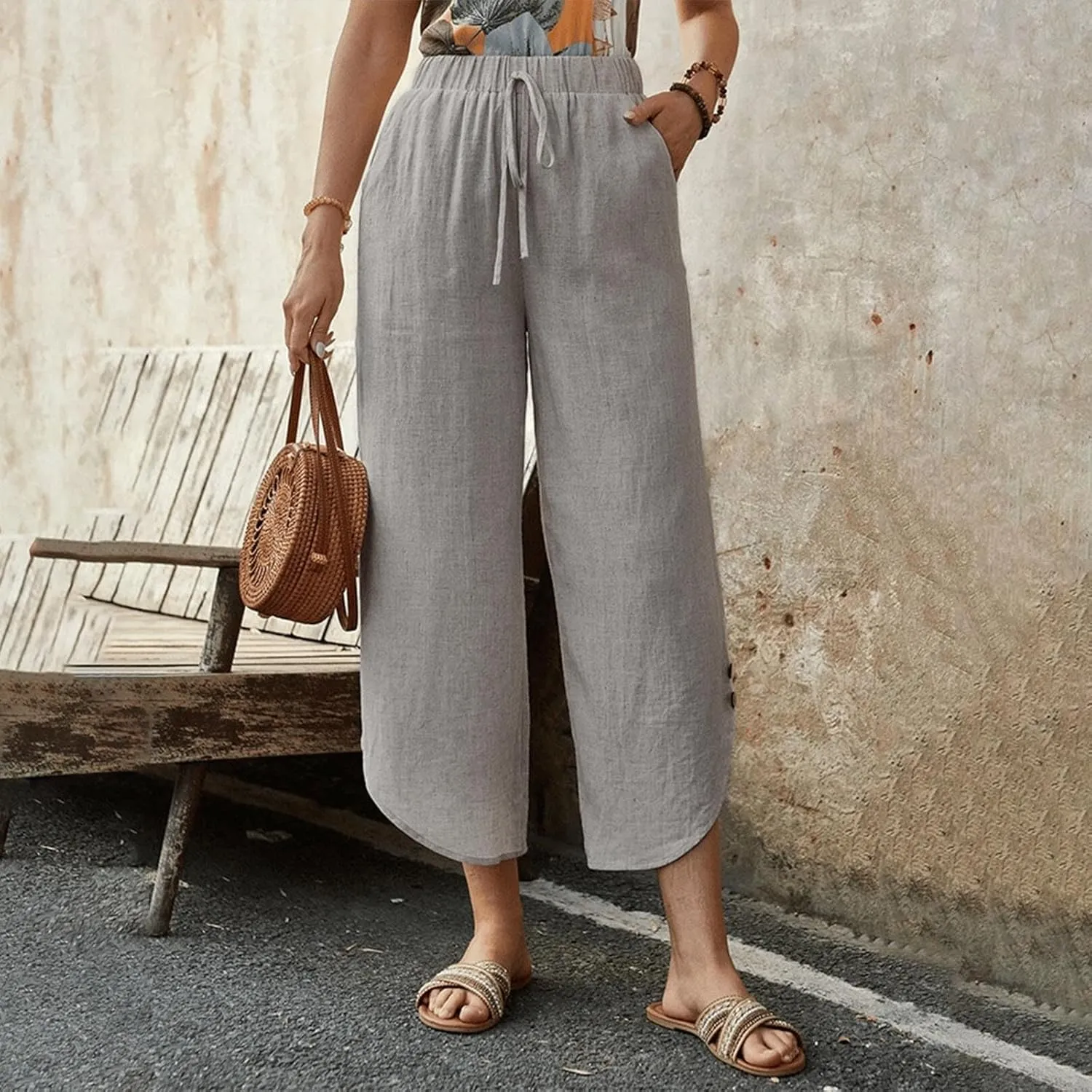 Linen Pants for Women Wide Leg Pants Summer Palazzo Flowy Beach Pants Elastic Waist Drawstring Trousers with Pockets