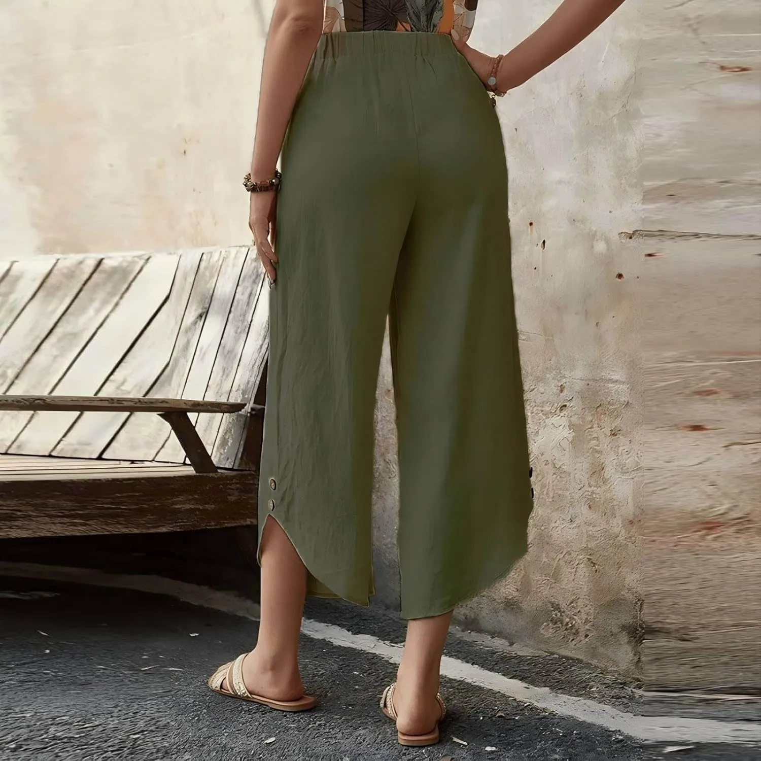 Linen Pants for Women Wide Leg Pants Summer Palazzo Flowy Beach Pants Elastic Waist Drawstring Trousers with Pockets