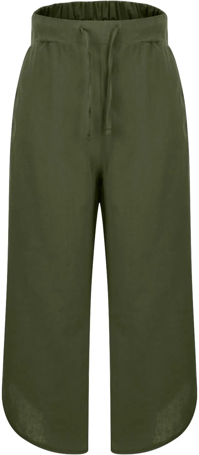 Linen Pants for Women Wide Leg Pants Summer Palazzo Flowy Beach Pants Elastic Waist Drawstring Trousers with Pockets