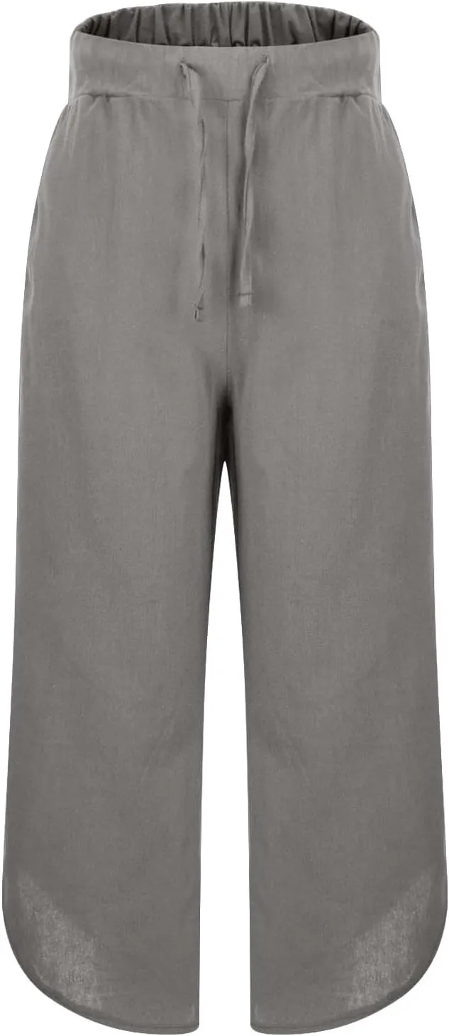 Linen Pants for Women Wide Leg Pants Summer Palazzo Flowy Beach Pants Elastic Waist Drawstring Trousers with Pockets
