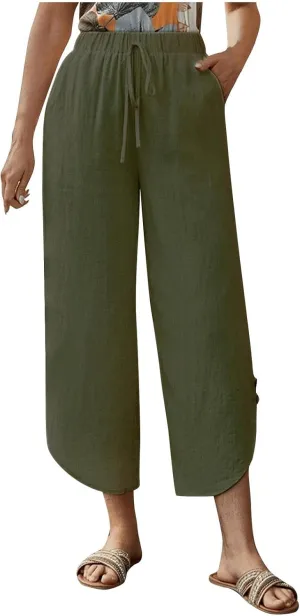 Linen Pants for Women Wide Leg Pants Summer Palazzo Flowy Beach Pants Elastic Waist Drawstring Trousers with Pockets