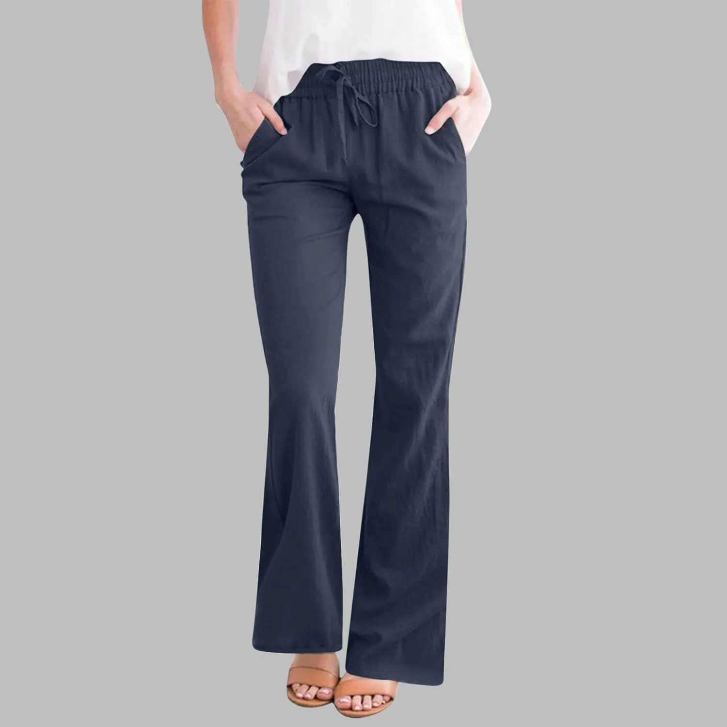 Linen Pants Women Casual Linen High Waist Pants Vacation Travel Pants Drawstring Loose Summer Trousers with Pockets