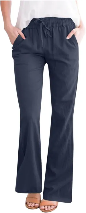 Linen Pants Women Casual Linen High Waist Pants Vacation Travel Pants Drawstring Loose Summer Trousers with Pockets