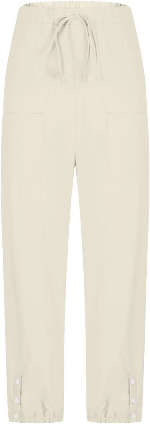 Linen Pants Women Drawstring Capri Pants Summer Casual High Waist Pants Button Slit Trousers Baggy Slacks with Pocket