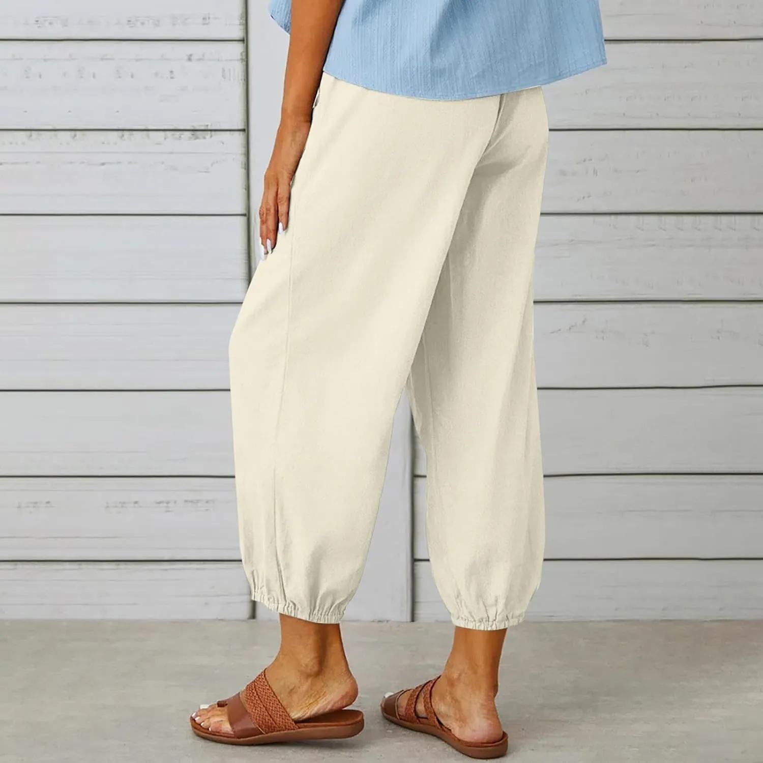 Linen Pants Women Drawstring Capri Pants Summer Casual High Waist Pants Button Slit Trousers Baggy Slacks with Pocket