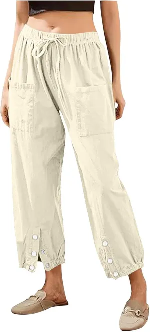 Linen Pants Women Drawstring Capri Pants Summer Casual High Waist Pants Button Slit Trousers Baggy Slacks with Pocket