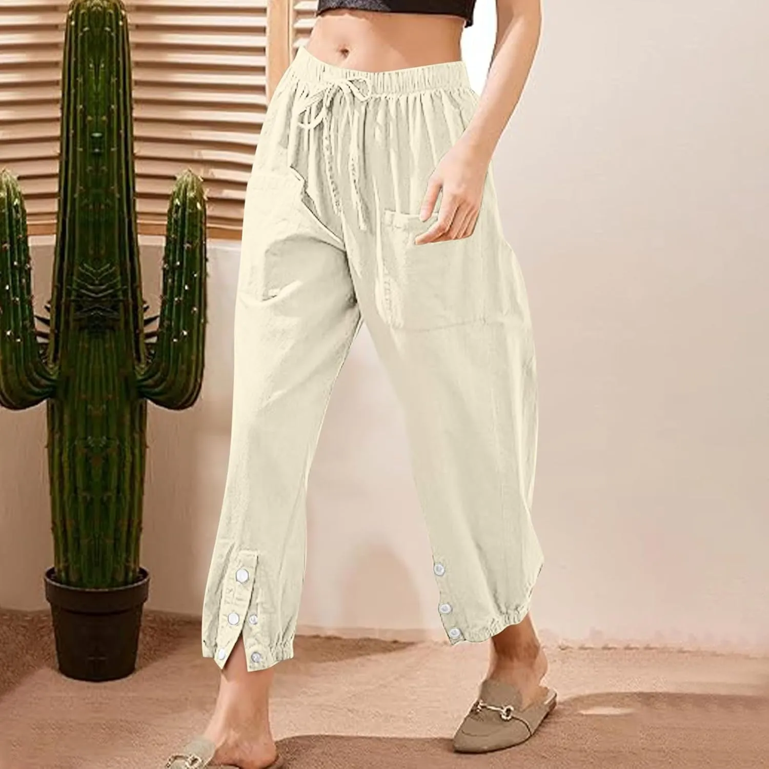 Linen Pants Women Drawstring Capri Pants Summer Casual High Waist Pants Button Slit Trousers Baggy Slacks with Pocket