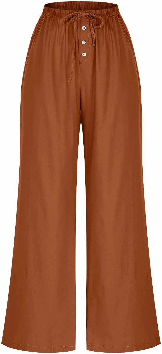 Linen Pants Women Drawstring High Waisted Wide Leg Cotton Baggy Trousers 2025 Summer Casual Bell Pant with Pockets