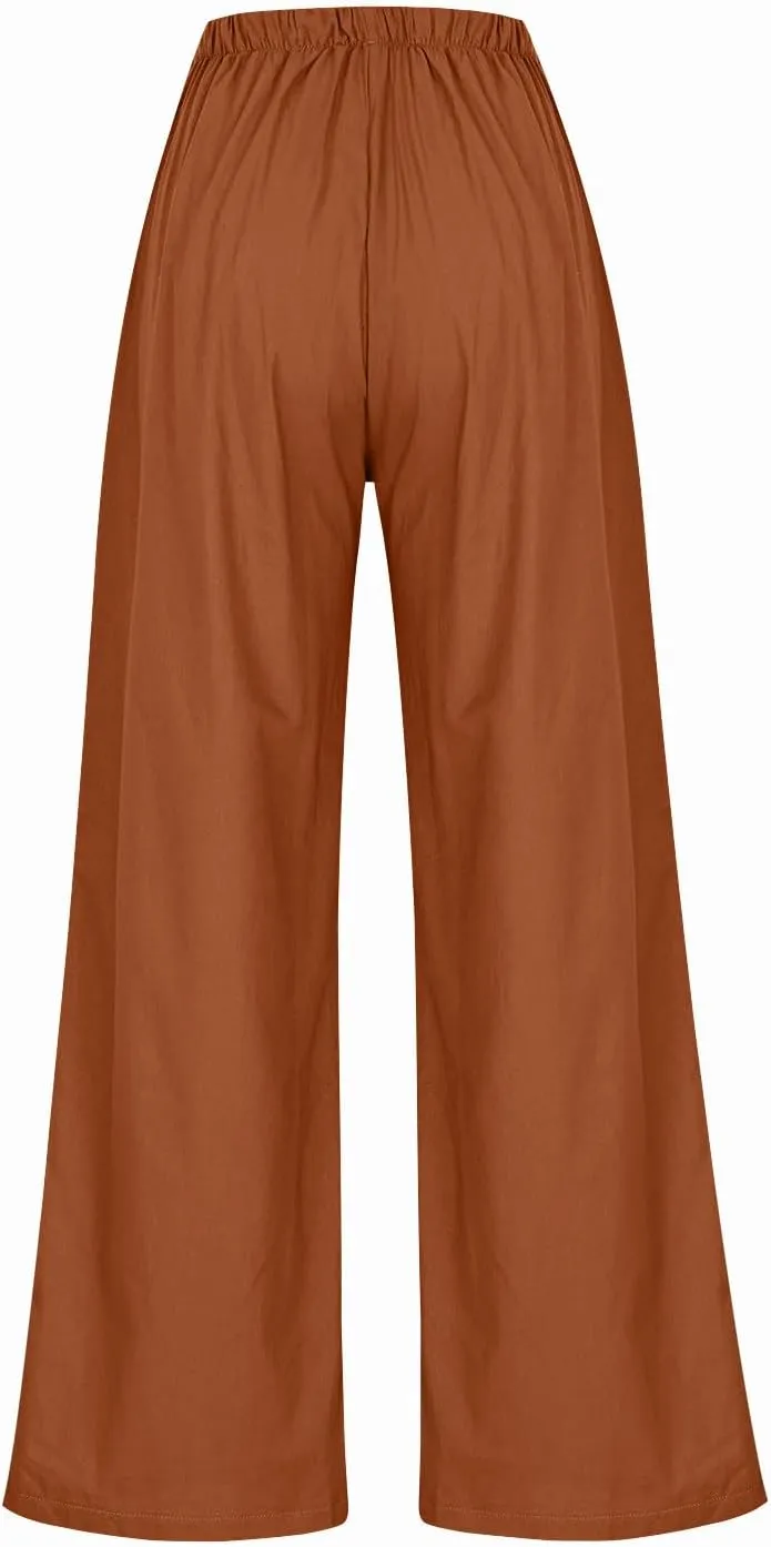 Linen Pants Women Drawstring High Waisted Wide Leg Cotton Baggy Trousers 2025 Summer Casual Bell Pant with Pockets