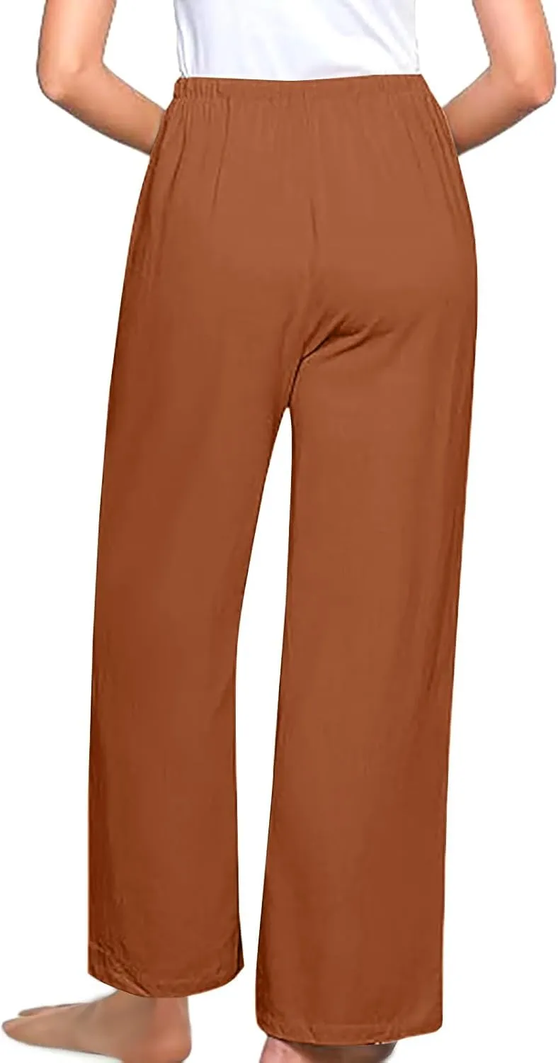 Linen Pants Women Drawstring High Waisted Wide Leg Cotton Baggy Trousers 2025 Summer Casual Bell Pant with Pockets