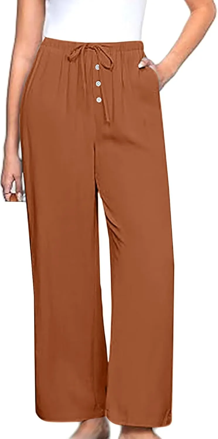 Linen Pants Women Drawstring High Waisted Wide Leg Cotton Baggy Trousers 2025 Summer Casual Bell Pant with Pockets