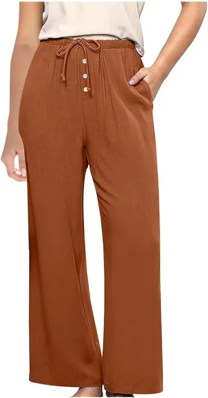 Linen Pants Women Drawstring High Waisted Wide Leg Cotton Baggy Trousers 2025 Summer Casual Bell Pant with Pockets