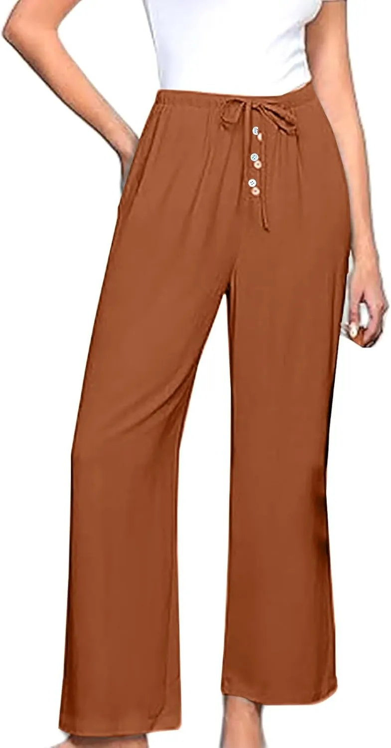 Linen Pants Women Drawstring High Waisted Wide Leg Cotton Baggy Trousers 2025 Summer Casual Bell Pant with Pockets