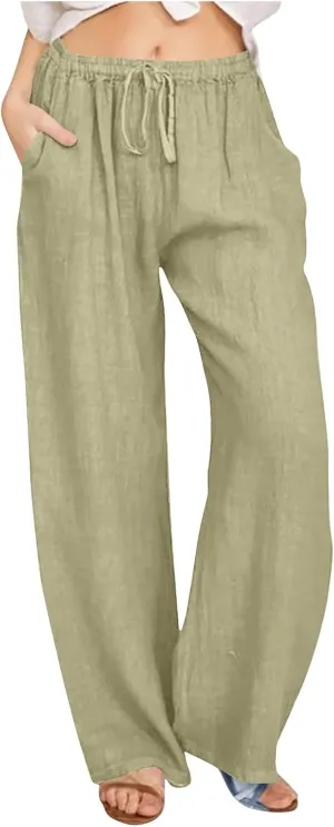 Linen Pants Women Loose Lounge Pants Drawstring High Waist Sweatpants Trousers with Pockets Soft Comfy Linen Pants