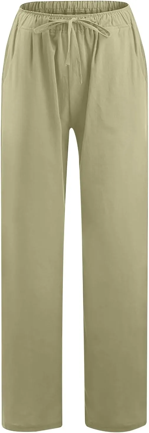 Linen Pants Women Loose Lounge Pants Drawstring High Waist Sweatpants Trousers with Pockets Soft Comfy Linen Pants