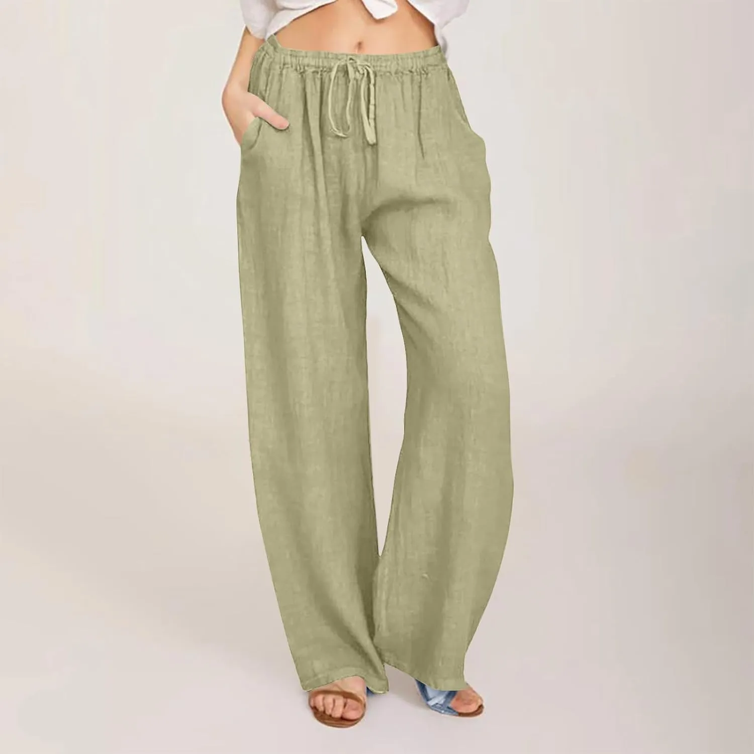 Linen Pants Women Loose Lounge Pants Drawstring High Waist Sweatpants Trousers with Pockets Soft Comfy Linen Pants