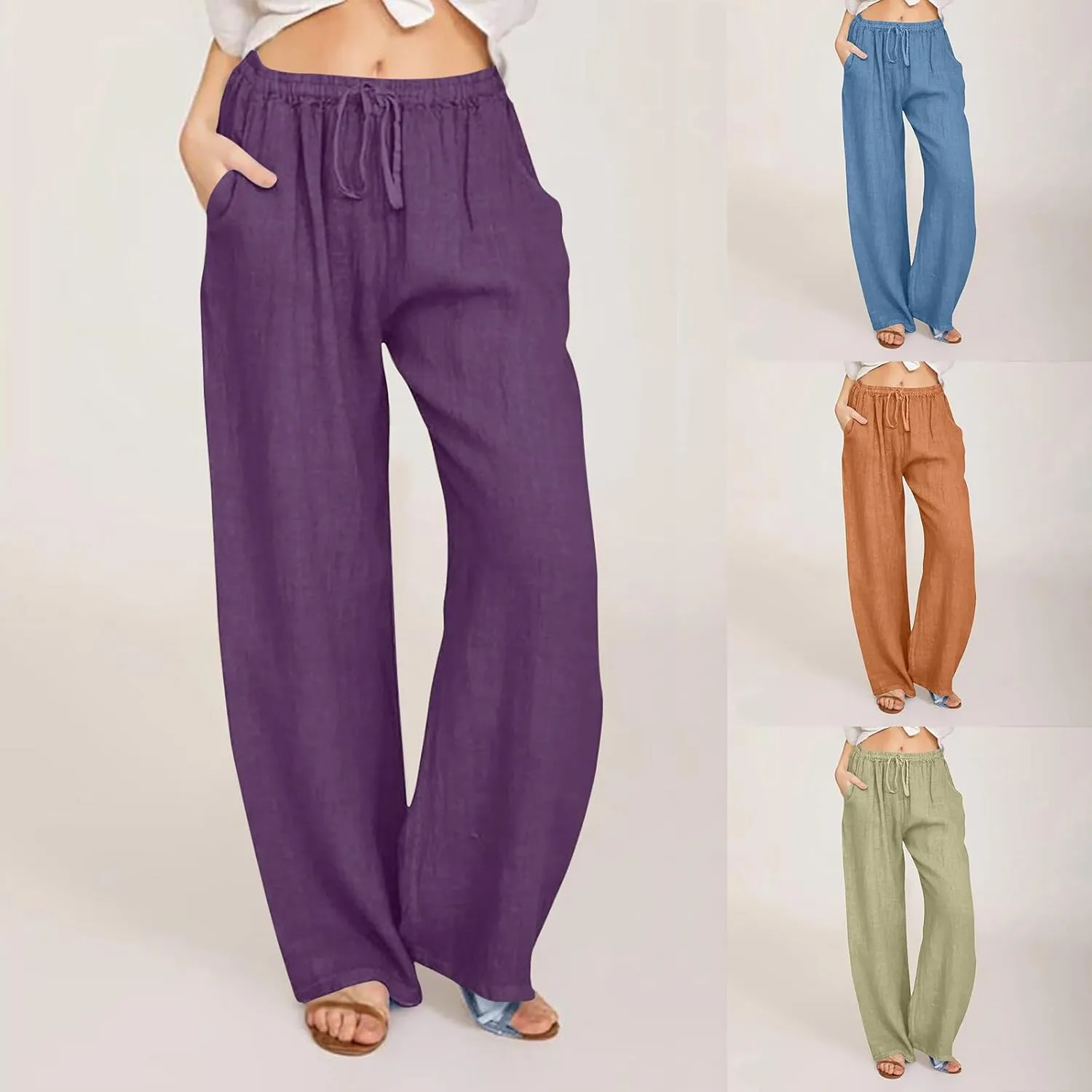 Linen Pants Women Loose Lounge Pants Drawstring High Waist Sweatpants Trousers with Pockets Soft Comfy Linen Pants