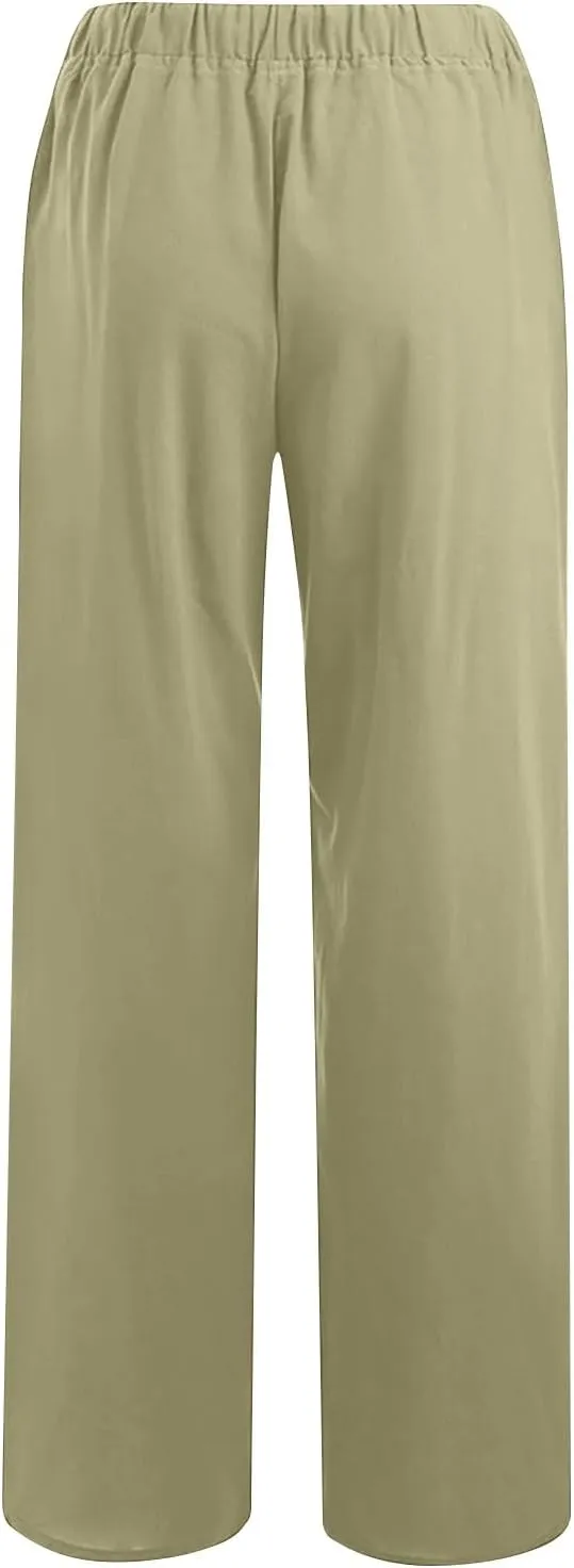Linen Pants Women Loose Lounge Pants Drawstring High Waist Sweatpants Trousers with Pockets Soft Comfy Linen Pants