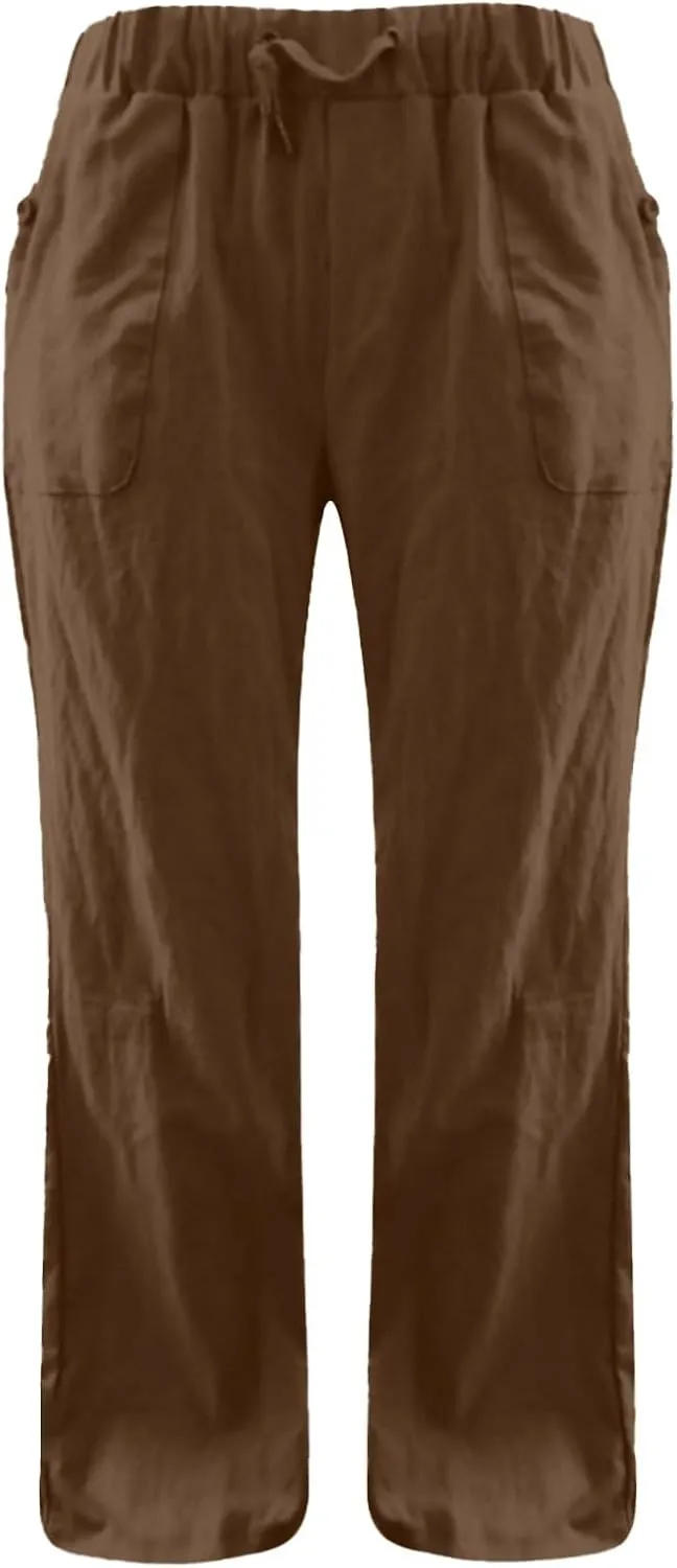 Linen Pants Women Straight Leg Low Rise Lounge Palazzo Capri Pants Summer Drawstring Casual Work Pants Trousers 2025