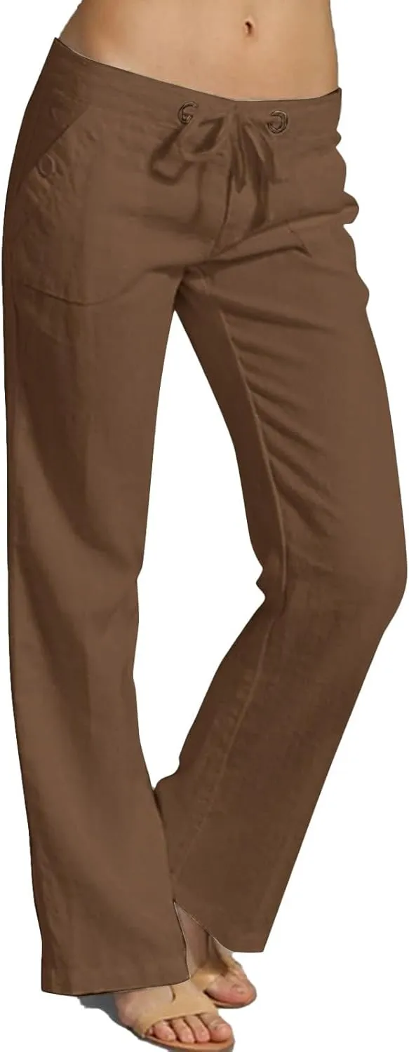Linen Pants Women Straight Leg Low Rise Lounge Palazzo Capri Pants Summer Drawstring Casual Work Pants Trousers 2025