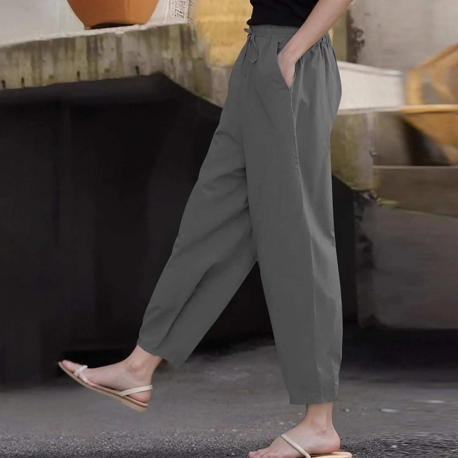 Linen Pants Women Summer Casual Cotton Linen Pants High Waisted Drawstring Lounge Pants Beach Trousers