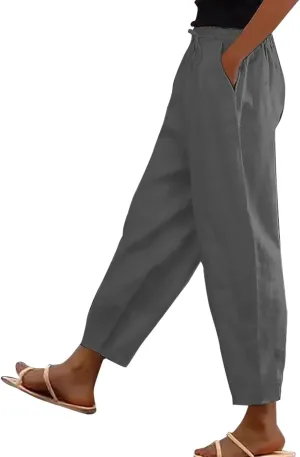 Linen Pants Women Summer Casual Cotton Linen Pants High Waisted Drawstring Lounge Pants Beach Trousers