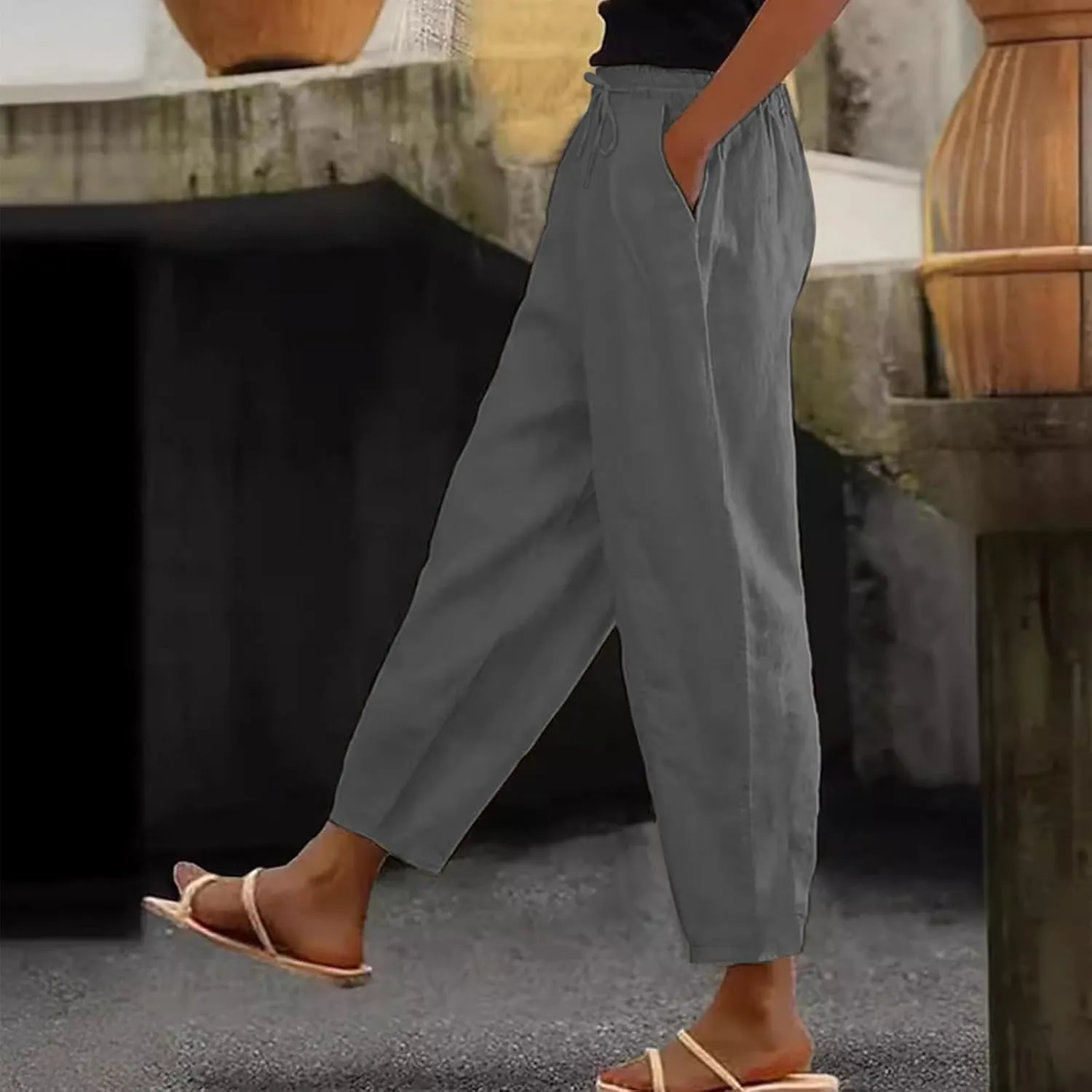 Linen Pants Women Summer Casual Cotton Linen Pants High Waisted Drawstring Lounge Pants Beach Trousers