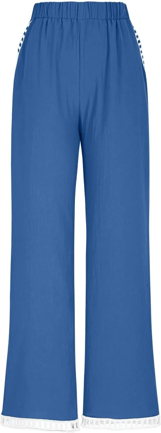 Linen Pants Women Summer Lounge Pant Elastic High Waist Pants Casual Lightweight Capris Trouser Straight Leg Slacks