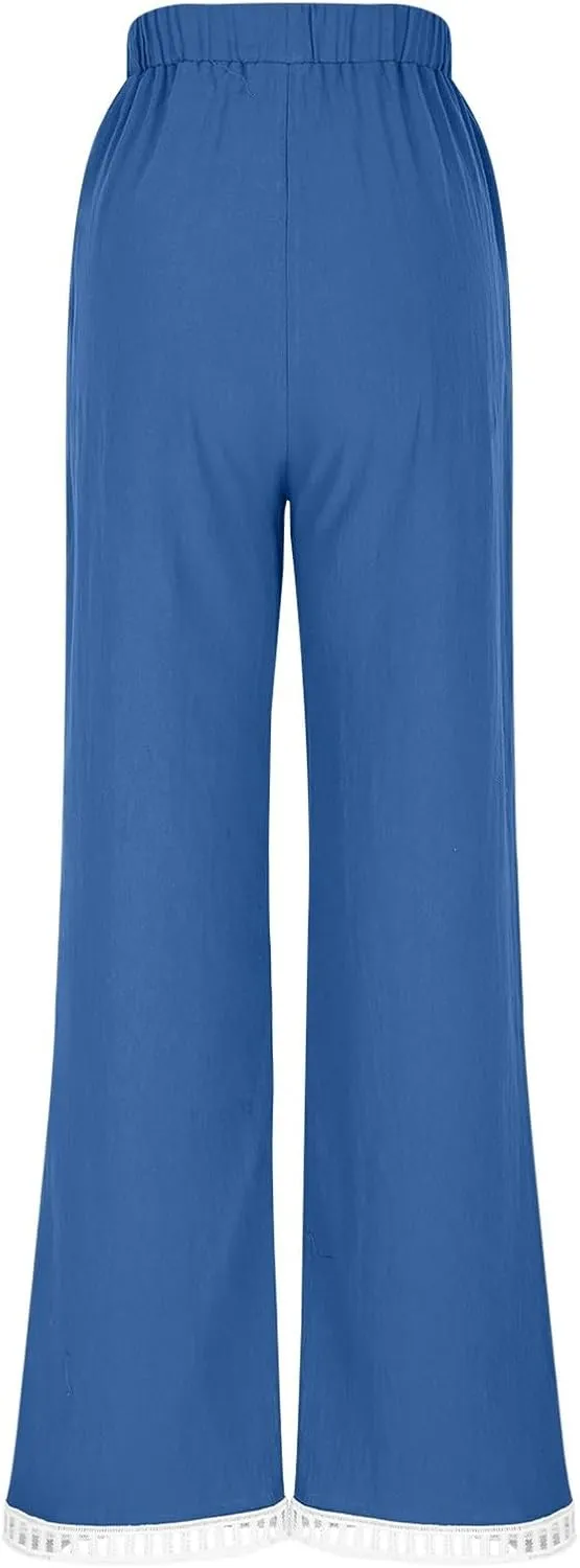Linen Pants Women Summer Lounge Pant Elastic High Waist Pants Casual Lightweight Capris Trouser Straight Leg Slacks