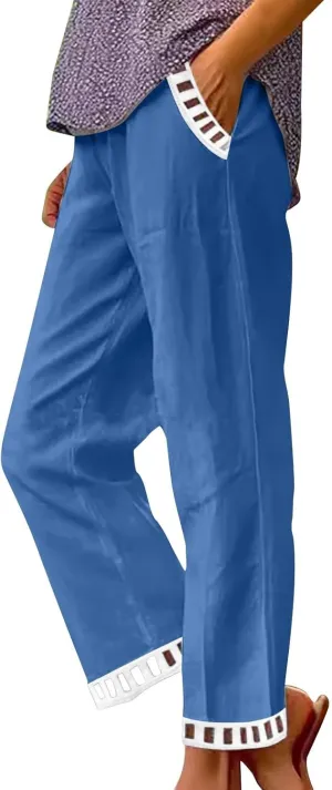 Linen Pants Women Summer Lounge Pant Elastic High Waist Pants Casual Lightweight Capris Trouser Straight Leg Slacks