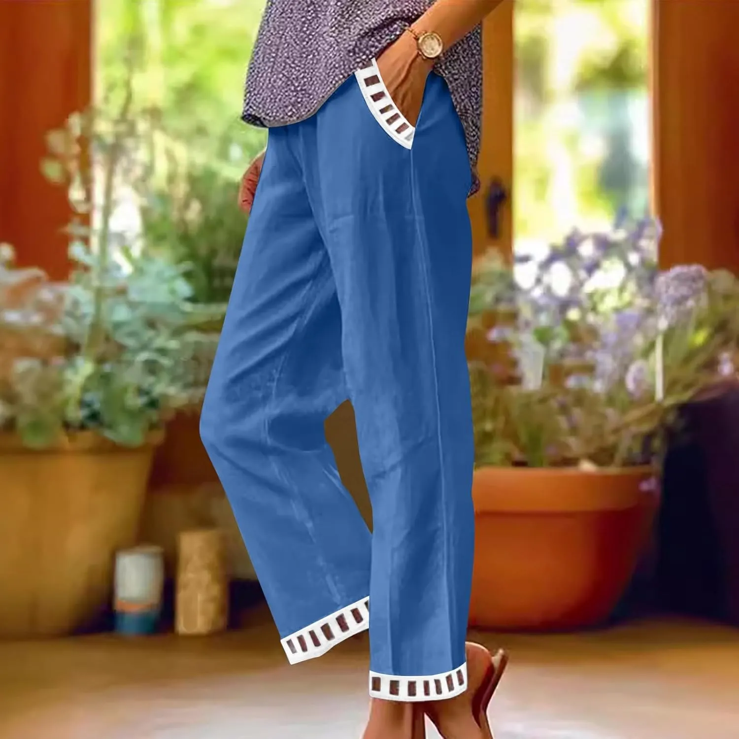 Linen Pants Women Summer Lounge Pant Elastic High Waist Pants Casual Lightweight Capris Trouser Straight Leg Slacks