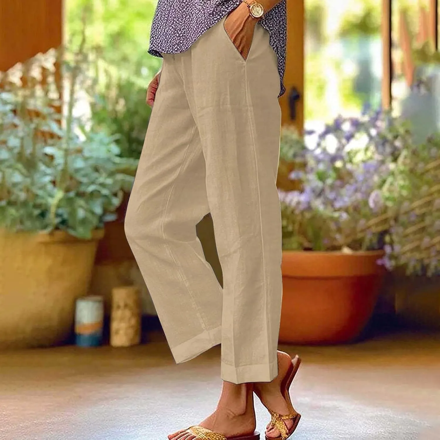 Linen Pants Women Wide Leg Dress Pants Casual Elastic Waisted Women's Linen Blend Beach Pants Loose Fit